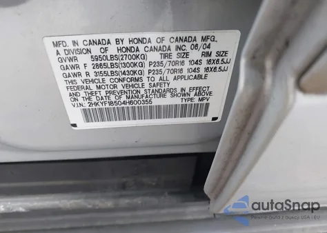 2004 Honda Pilot Ex-L из США, поврежденный, VIN 2HKYF18504H600355